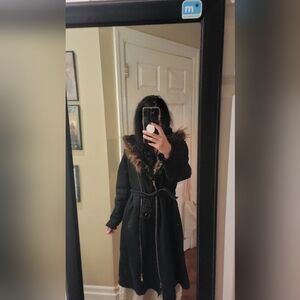 Women's Black Faux Fur Trim Coat